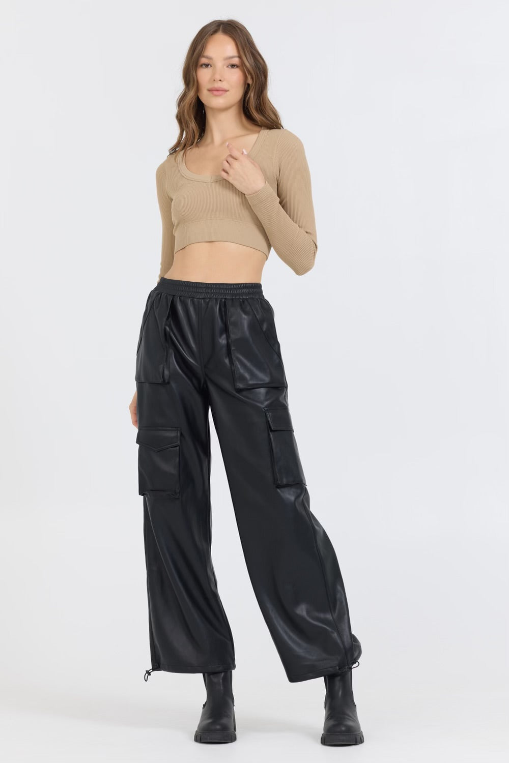 BLACK LEATHER CARGO PANTS