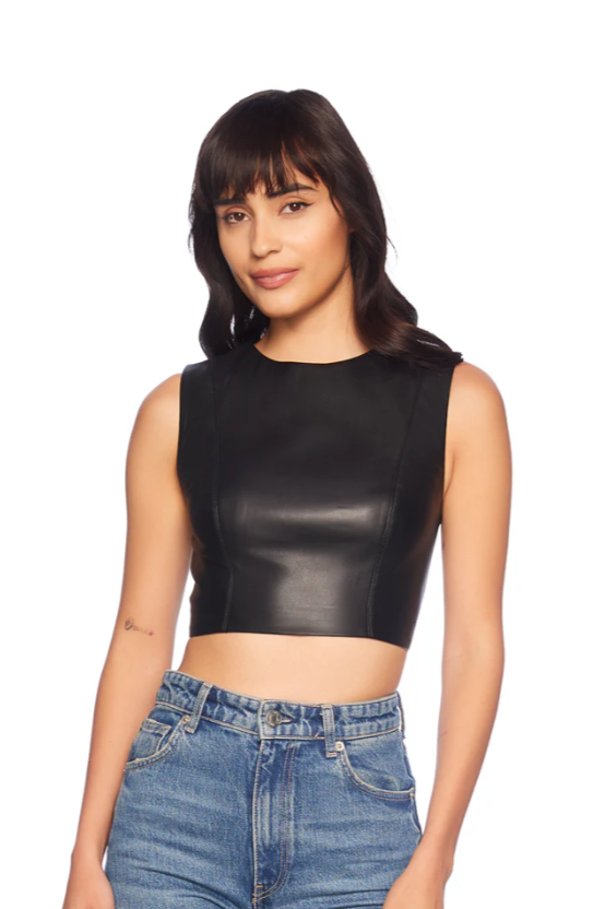 FAUX LEATHER CREW SLEEVELESS TOP